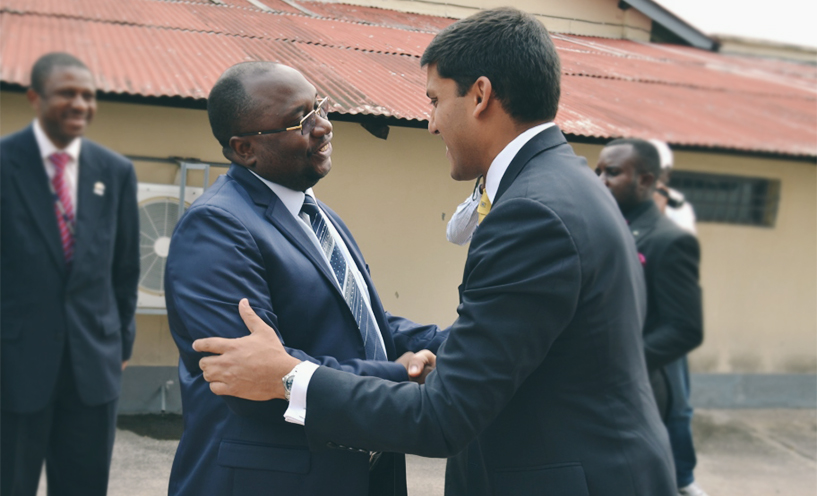 USAID Administrator Rajiv Shah (right) is welcomed to Democratic Republic of the Congo (DRC) by Minister of Health Dr. Felix Kabange. Photo credit: MSH.