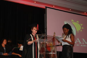 Student Zinzi Sitshebo receives Best First-Year Pharmacy Student award for 2014 during the meritorious award ceremony of the University of Namibia on April 22, 2015. 