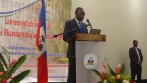 Prime Minister Evans Paul of Haiti speaks at the launch of the country's first National Medicines Policy.